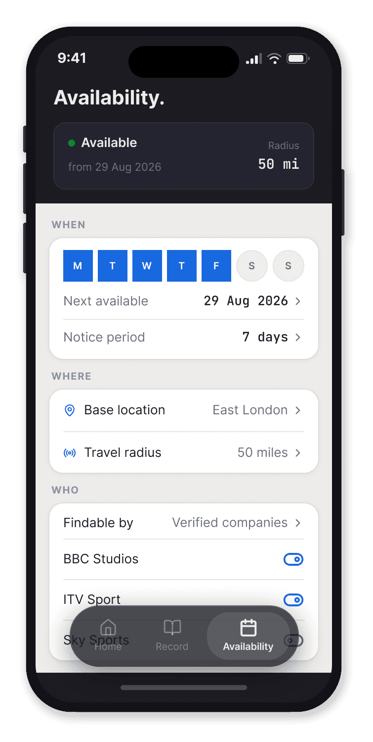 The Trovero app showing availability settings: working days, next available date and notice period, base location and travel radius, and which companies can find you.