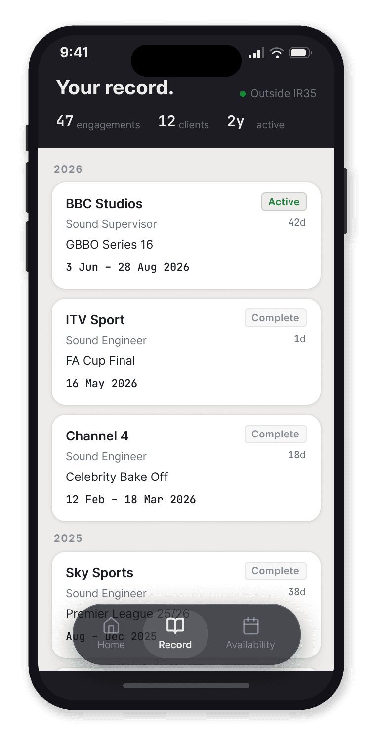 The Trovero app showing a freelancer's record: 47 engagements across 12 clients, with each production, role and date listed by year.